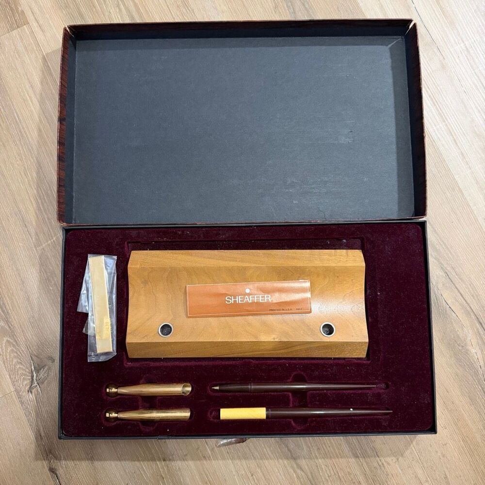 Vintage Sheaffer Desk Set Double Pen Velvet Lined 80s Corporate Elegance Mad Men